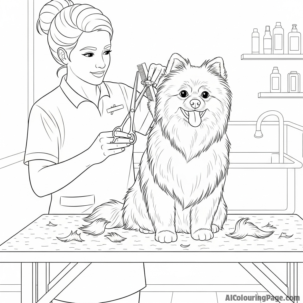 A very fluffy dog getting a haircut at the groomer's.