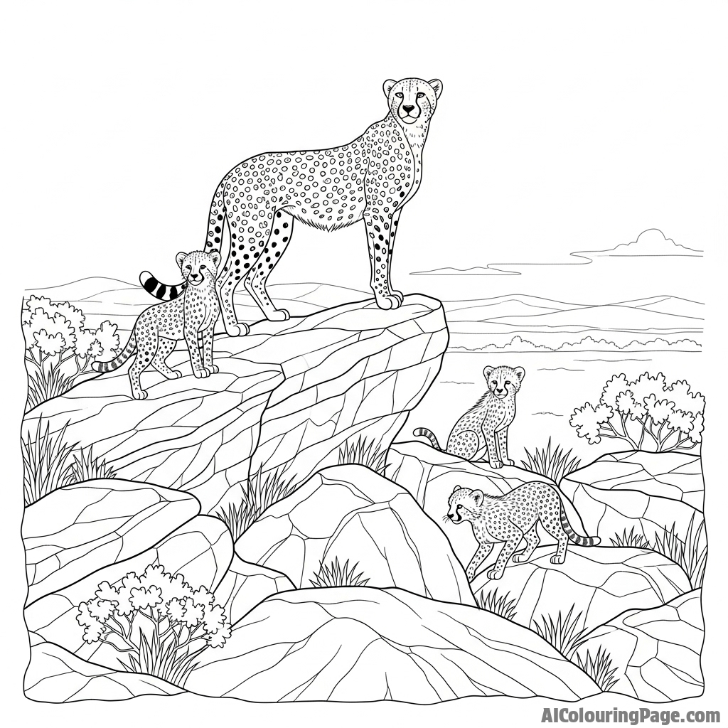 A family of cheetahs on a rocky outcrop, surveying their domain.