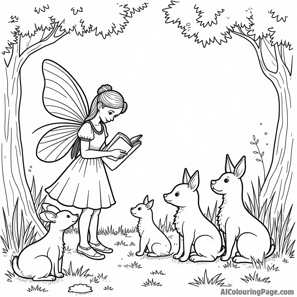 A fairy sharing stories with a group of enchanted animals gathered around her in a sunny glade