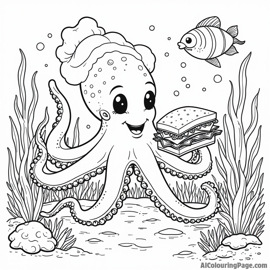 A friendly sandwich octopus serving sandwiches to underwater creatures in a vibrant ocean setting.