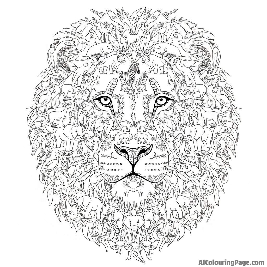 A lion's face created from a photo mosaic of hundreds of smaller savanna animals.