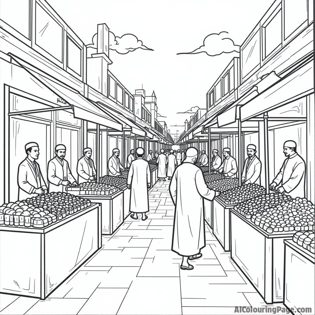 A vibrant market scene with stalls selling traditional Ramadan treats, including sweets and fruits, filled with people joyfully shopping together. Festivals and Traditions Coloring Sheets.