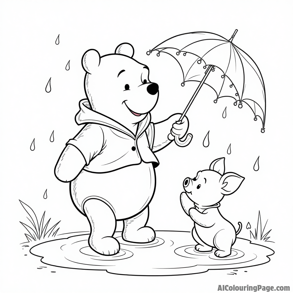 Winnie the Pooh wearing a raincoat, splashing in puddles with Piglet, surrounded by umbrellas and raindrops.