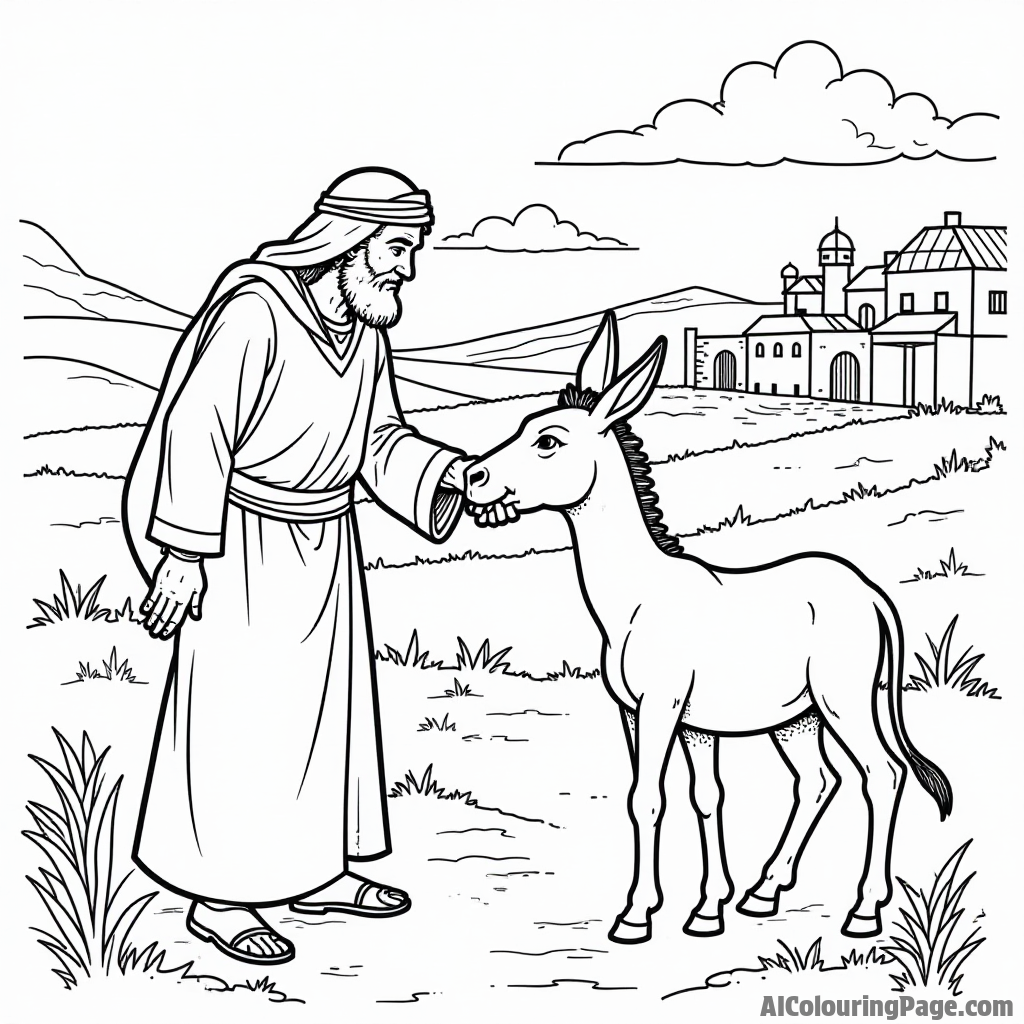 The Good Samaritan helping a traveler, with a donkey, and a village in the background for a heartwarming coloring page.