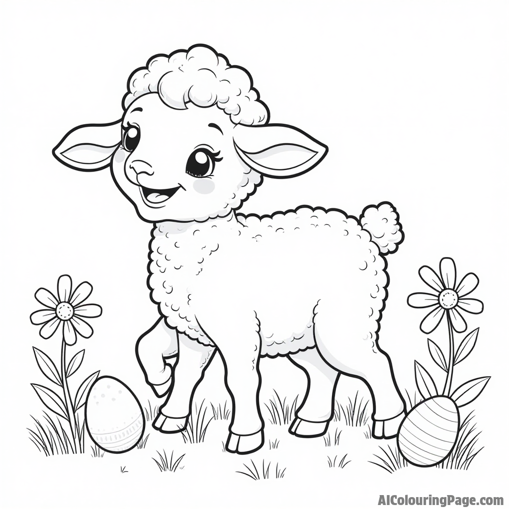 A friendly lamb frolicking in a field of daisies with a few scattered Easter eggs hidden amongst the flowers.