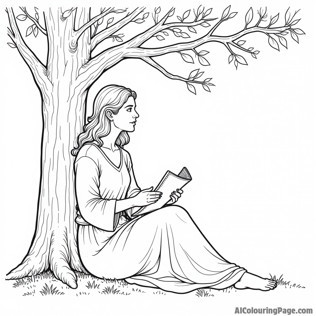 Eve sitting beneath a tree reading a scroll