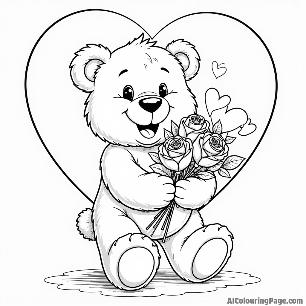 A cheerful teddy bear holding a bouquet of roses with a big heart in the background for Valentine’s Day joy