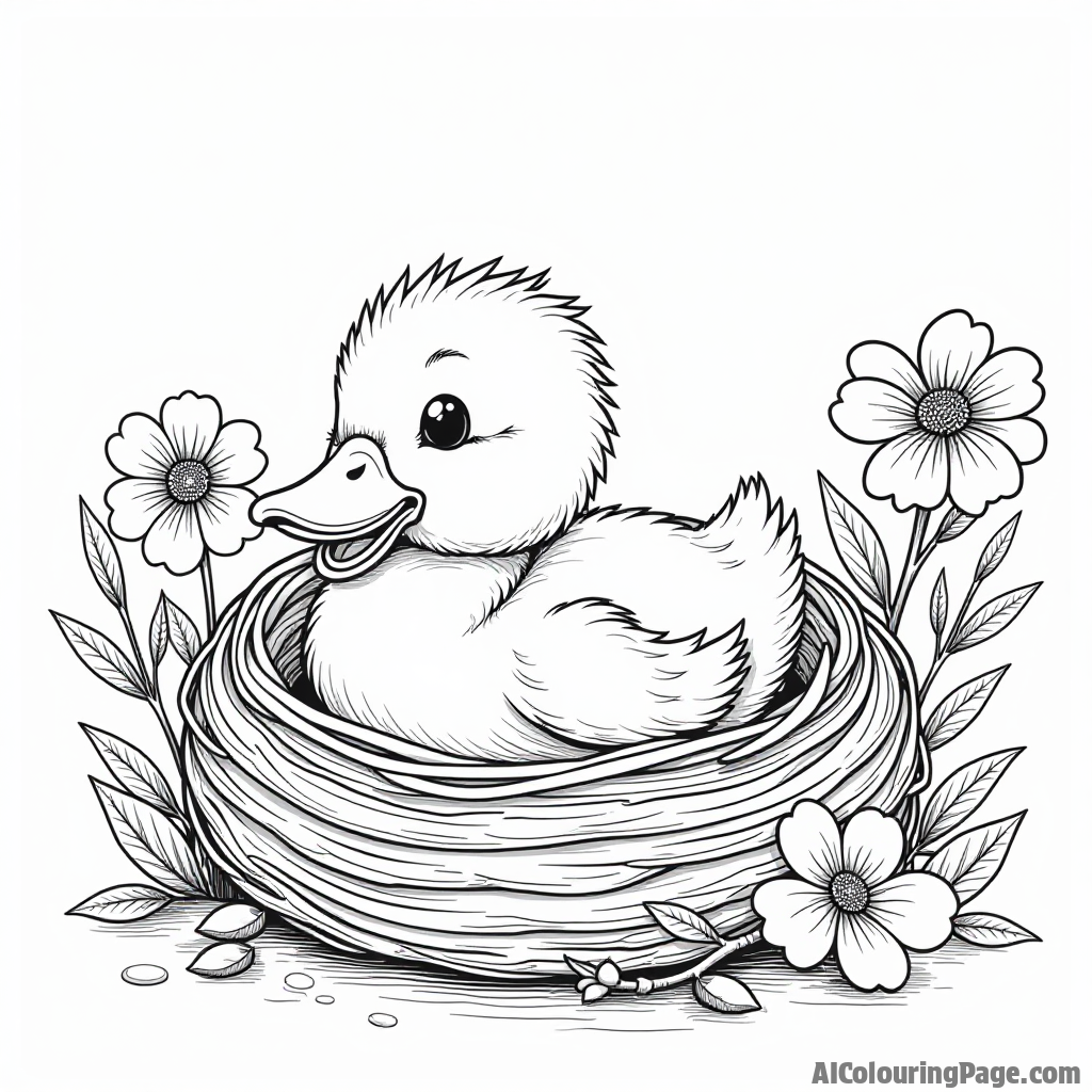 A duckling peeking out of a cozy nest made of twigs with flowers blooming all around it in a sunny setting.