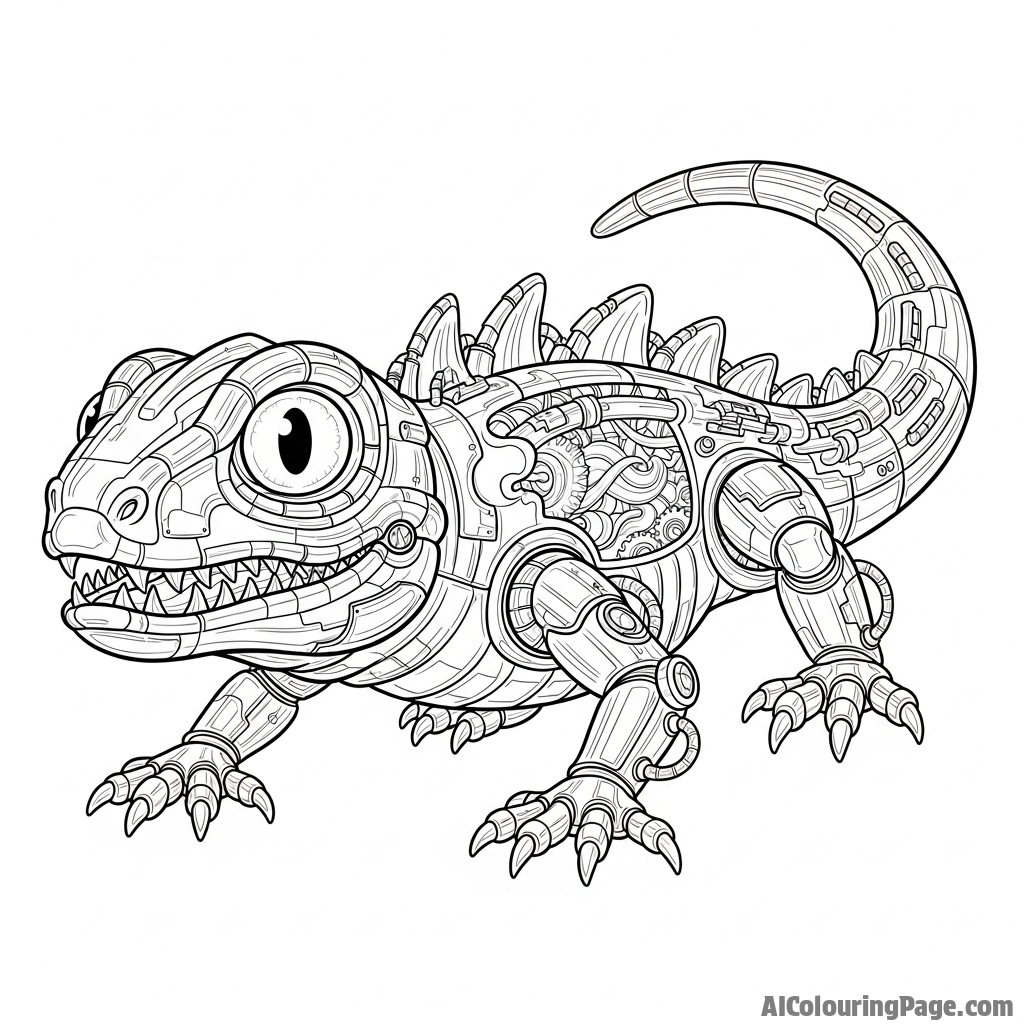 A futuristic, biomechanical lizard with metallic scales and glowing internal parts.