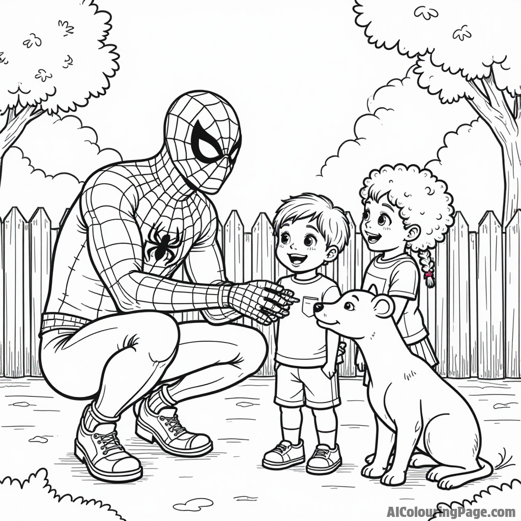 Spiderman having fun at a petting zoo, feeding animals with children, smiles and laughter in a sunny setting