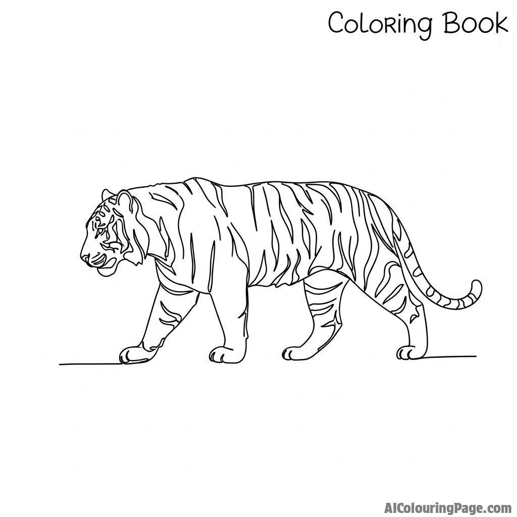 A minimalist single-line drawing capturing the essence of a walking tiger.