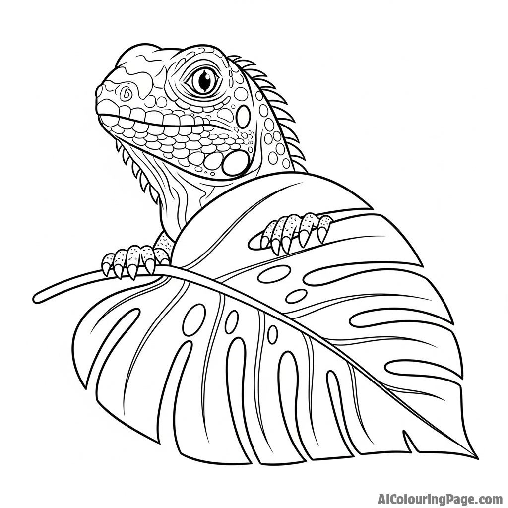 A young iguana peeking out from behind a large tropical leaf.