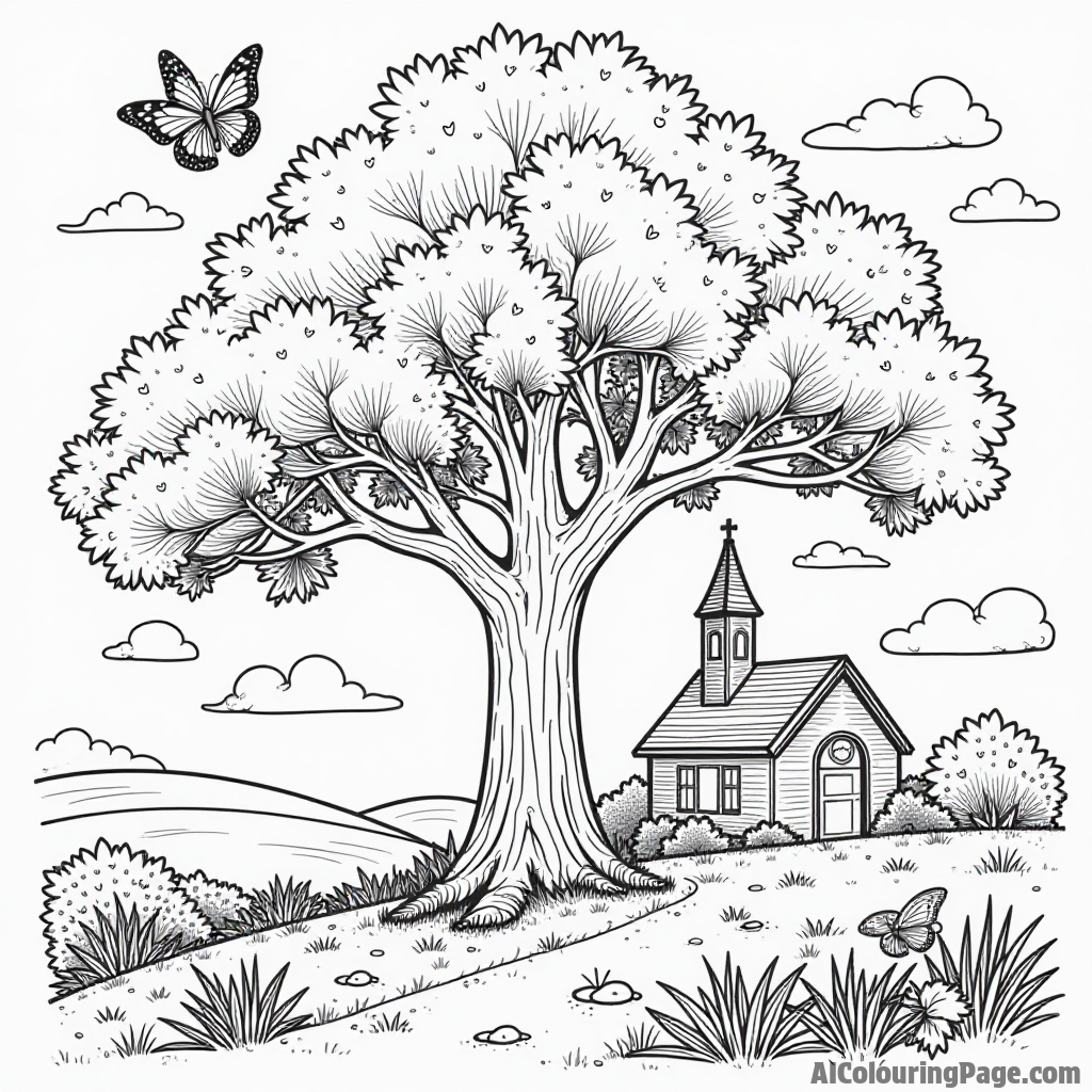 A large tree near a church, with birds perched on branches and butterflies flying around in a sunny garden.