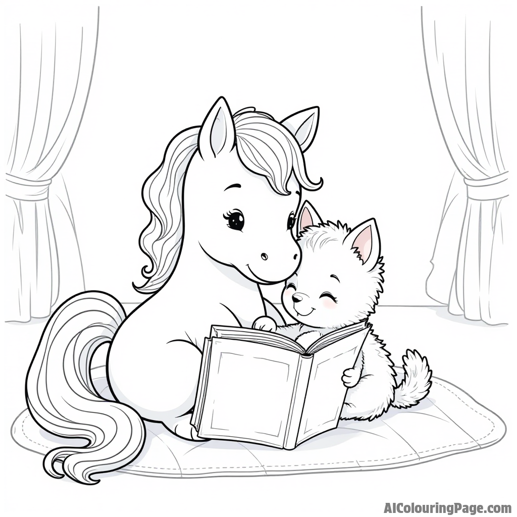 A pony and a kitten snuggled together under a blanket reading a bedtime story in a cozy room.