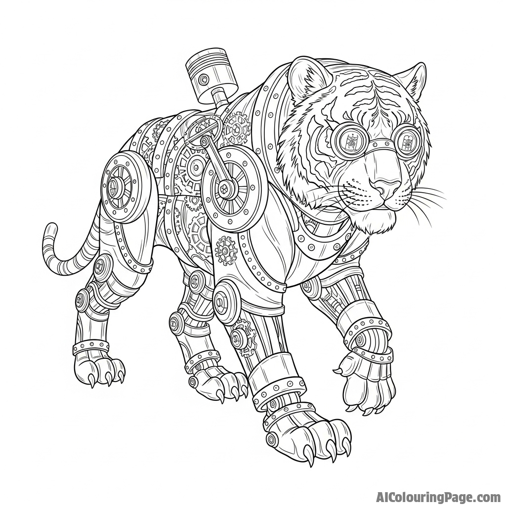 A steampunk tiger automaton, with intricate gears and glowing vacuum tubes.