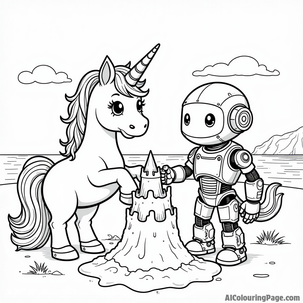 A unicorn and a friendly robot building a sandcastle at the beach, merging fantasy and sci-fi in a fun coloring scene.