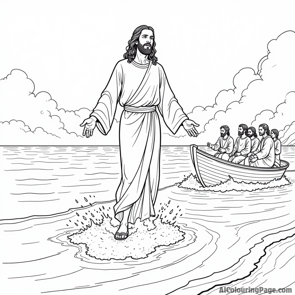 Jesus walking on water, with waves gently splashing around and disciples watching in awe from a nearby boat.