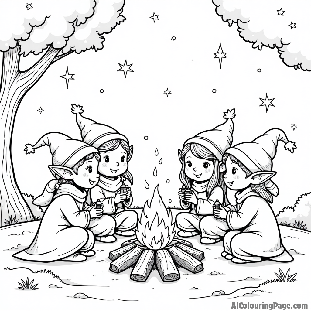 A family of elves celebrating around a campfire, with glowing lanterns and a starry night sky, offering a cozy and warm scene for children to color in their favorite styles.