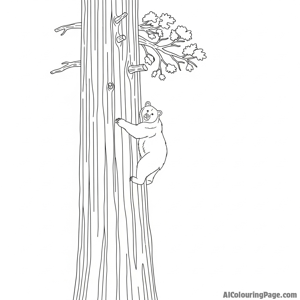 A bear climbing high up a towering sequoia tree.