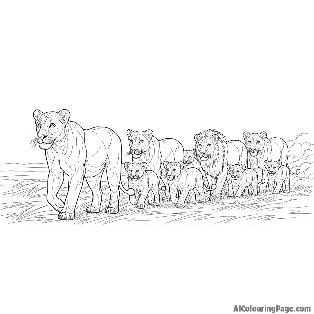 A pride on the move, walking in single file across a dusty, windswept plain.