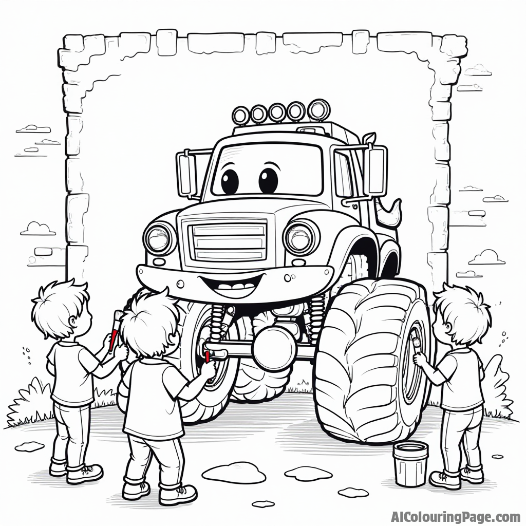 A friendly monster truck painting a mural on a wall, with kids holding brushes and paint cans, encouraging creativity and teamwork in a fun and engaging coloring page for children.