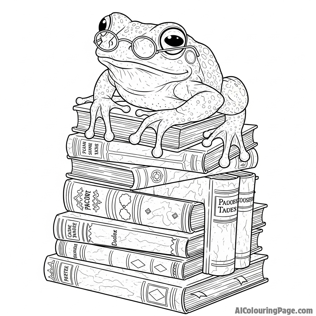 A wise old frog wearing spectacles, sitting on a stack of ancient books.