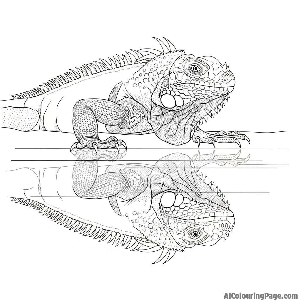 An iguana staring at its own reflection in a still pool of water.
