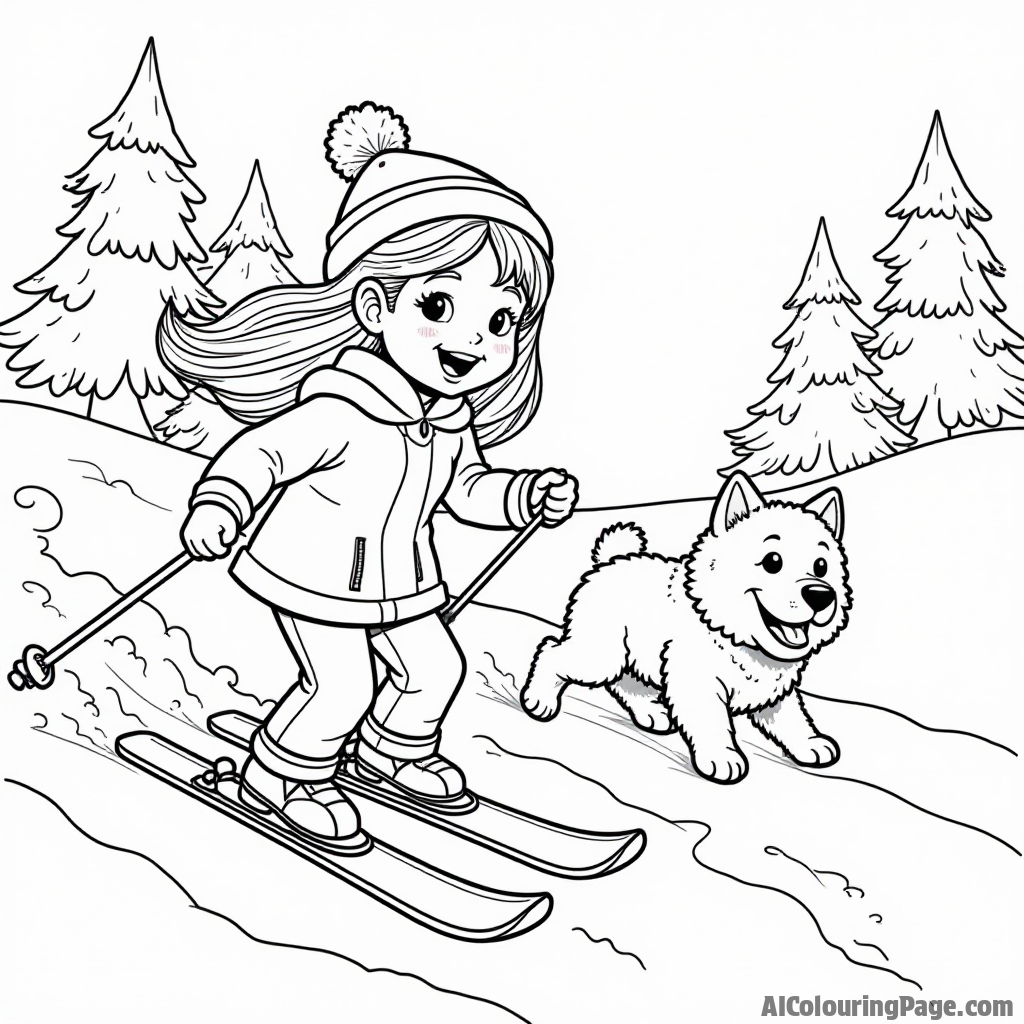 A young girl joyfully skiing down a snowy slope, her fluffy dog chasing after her, with tall pine trees in the background creating a fun winter sports scene for coloring.