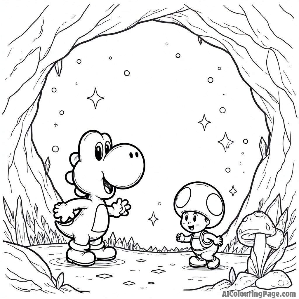 Yoshi and Toad exploring a cave filled with sparkling crystals and glowing mushrooms.