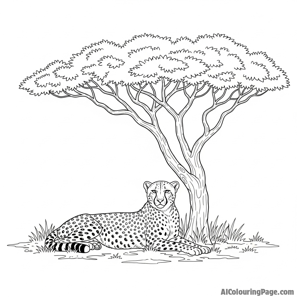 A cheetah resting in the sparse shade of an acacia tree during the midday heat.