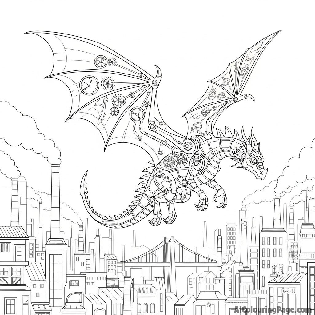 A steampunk dragon with gears and clockwork wings, soaring over an industrial metropolis.