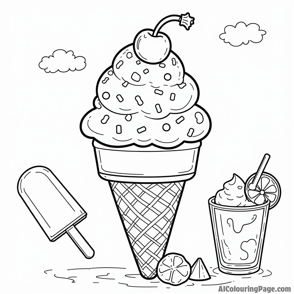 A charming ice cream cone topped with sprinkles and a cherry, surrounded by summer treats like popsicles and lemonade.