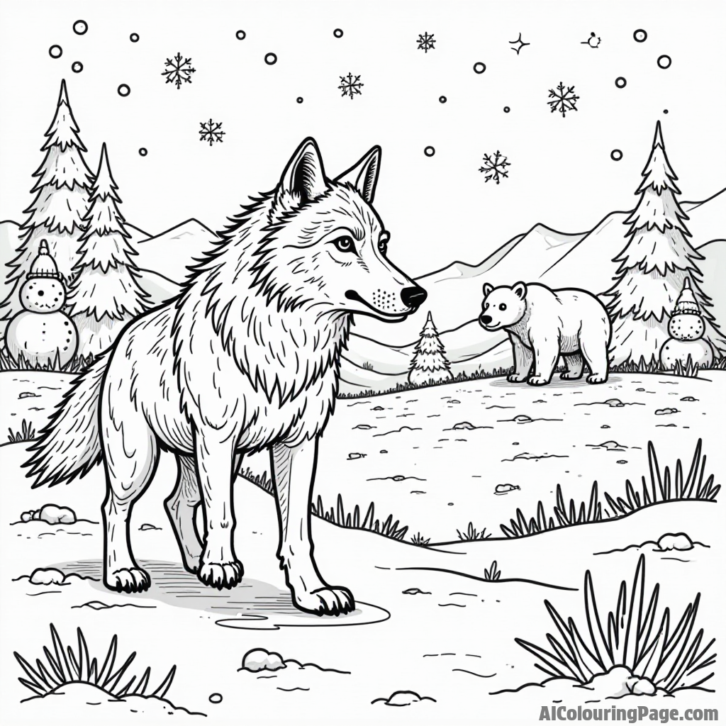 A werewolf exploring a snowy landscape with snowmen, snowflakes, and a friendly polar bear in the background.