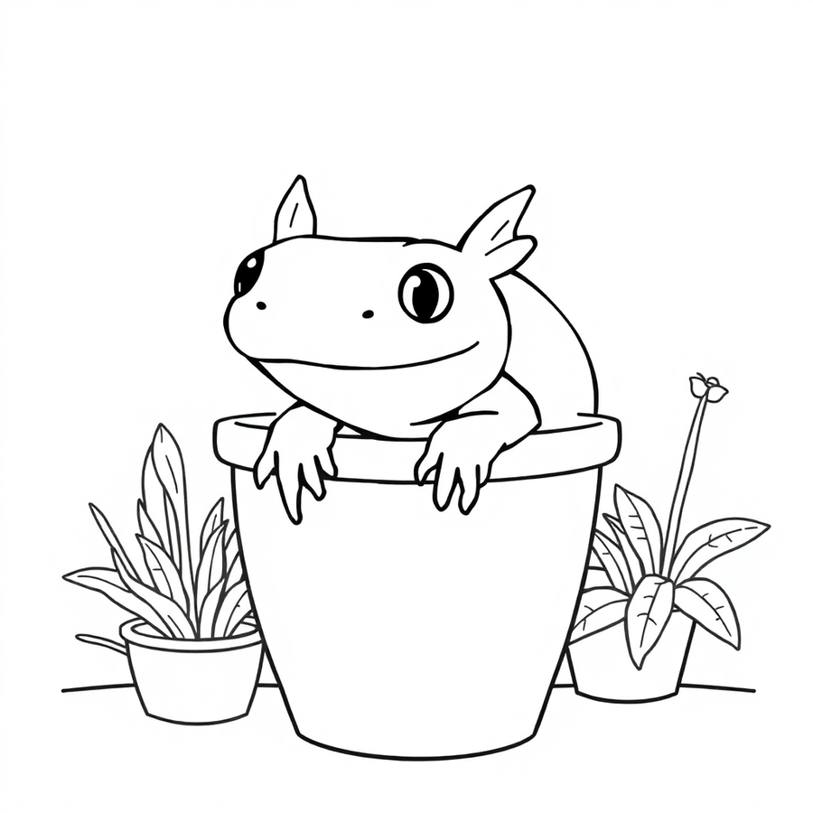 Axolotl peeking from a flower pot