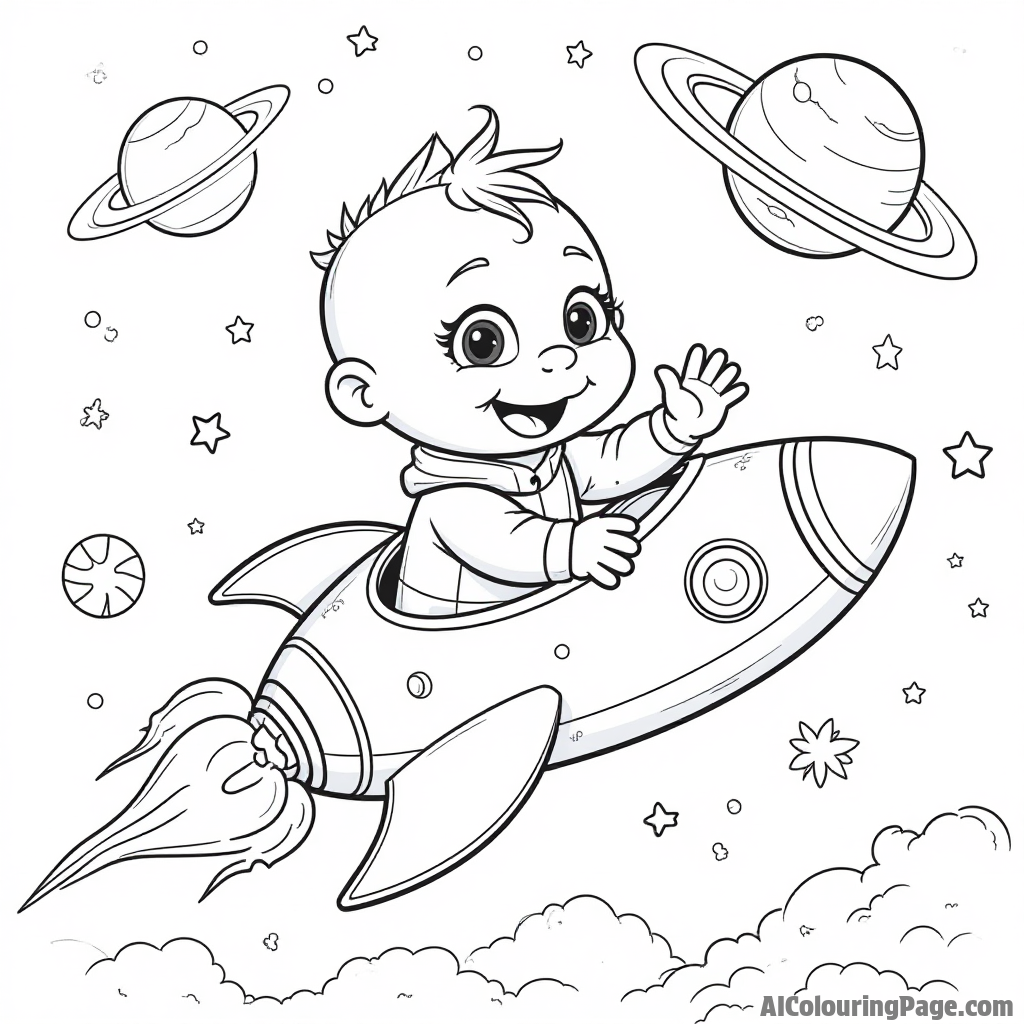 A Muppet baby exploring outer space in a rocket ship, with stars, planets, and a friendly alien waving hello.