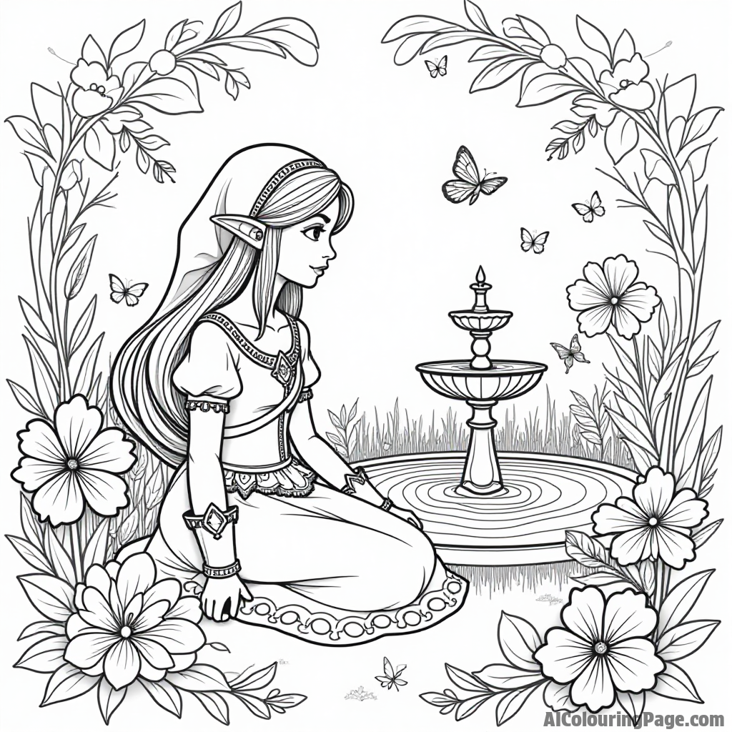 Princess Zelda sitting in a lush garden surrounded by flowers, butterflies, and a charming little fountain in the center