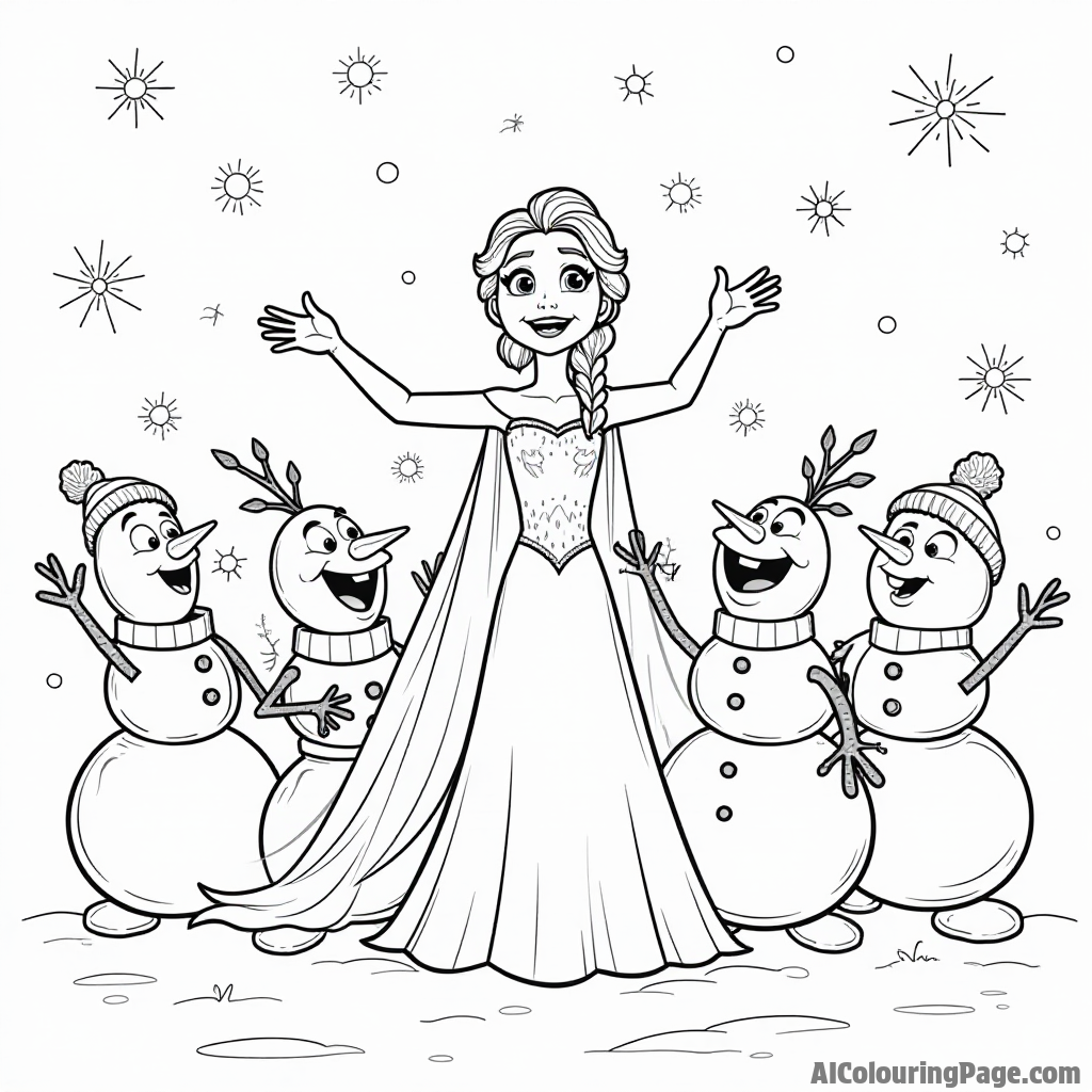 Elsa and a group of cheerful snowmen singing winter songs