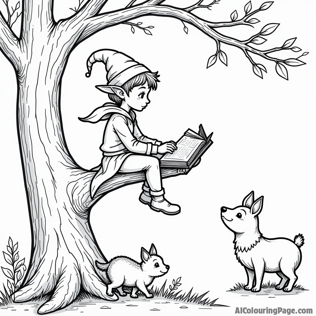 An elf sitting on a tree branch, reading a magical book, with curious woodland animals gathered beneath, creating an enchanting scene for kids to bring to life in black and white.