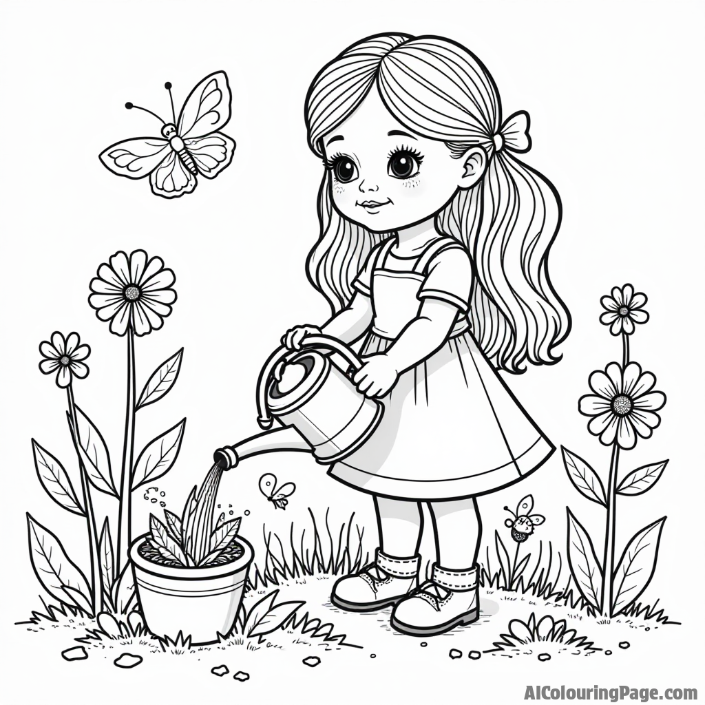 A doll gardening, planting flowers with a watering can, surrounded by butterflies and bees, creating a beautiful nature scene for kids to color.