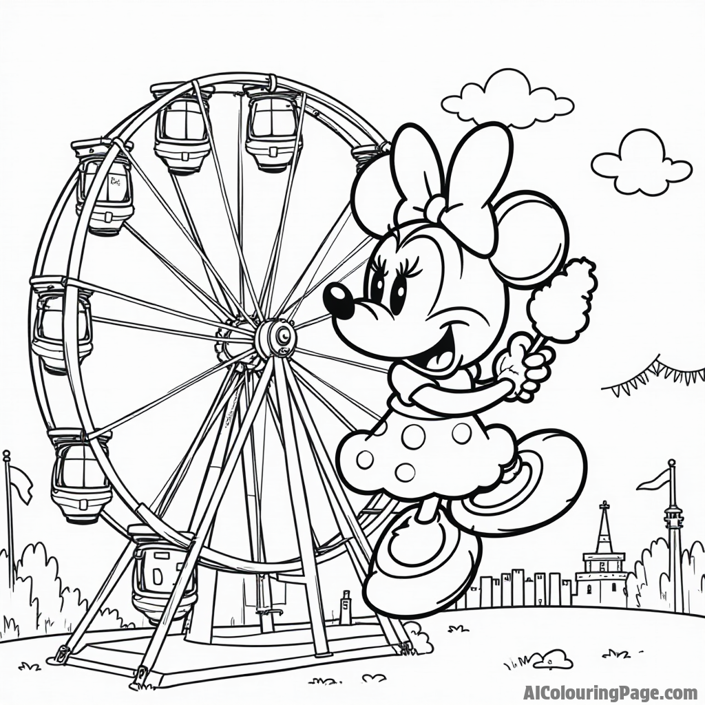 Minnie Mouse at a carnival, riding a Ferris wheel, holding a cotton candy, with colorful flags waving in the breeze