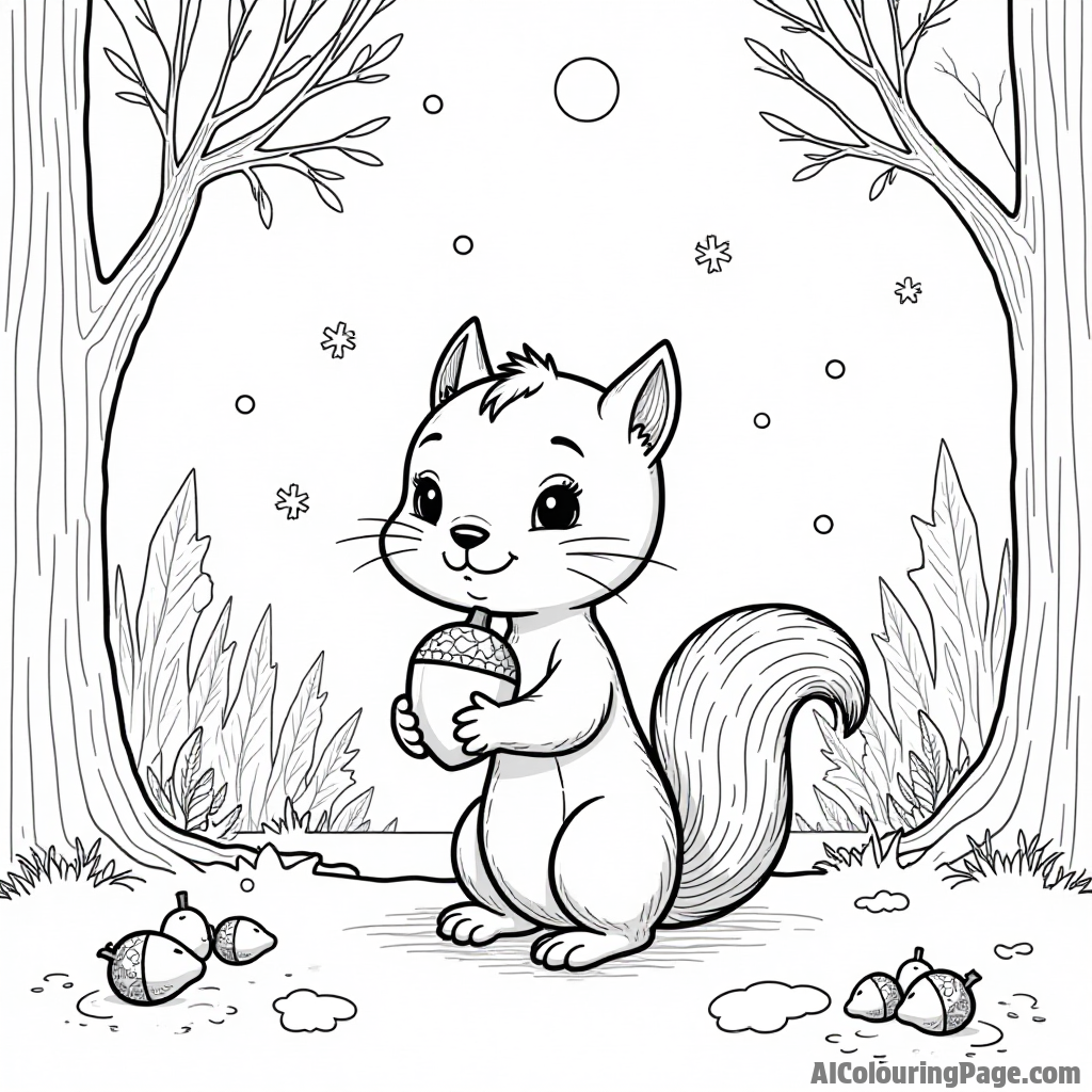 A cute squirrel gathering acorns in a snowy forest, with delicate snowflakes falling and a bright moon above.