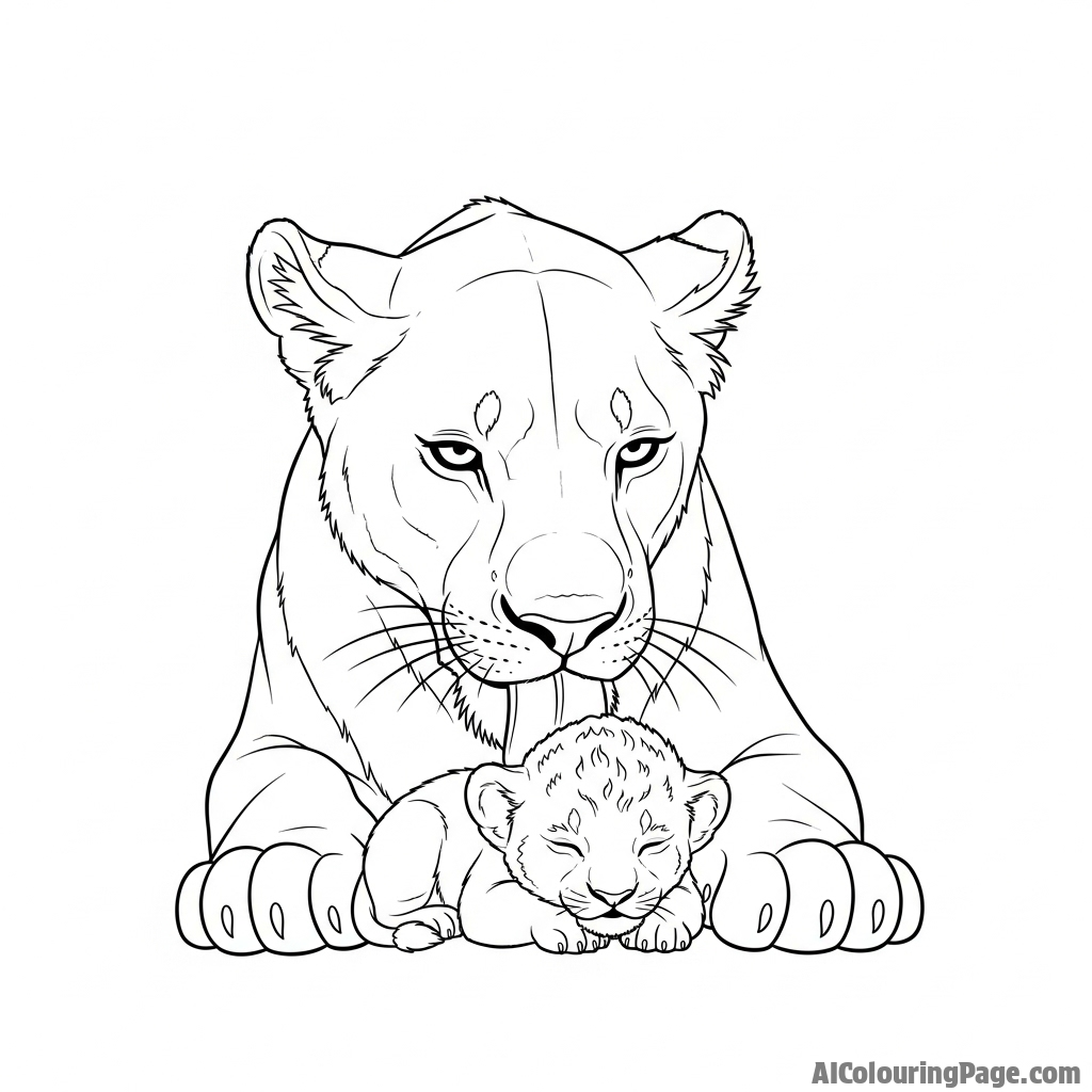 A lioness tenderly grooming her newborn cub.
