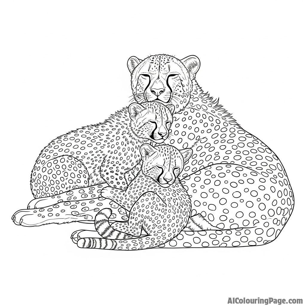 A cheetah family resting together, their bodies forming an intricate composition of lines and patterns.