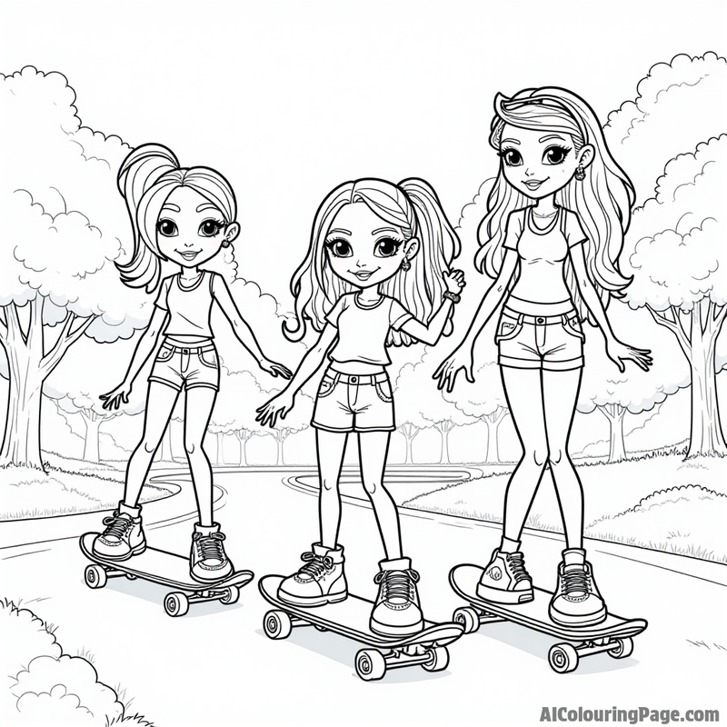 Bratz riding skateboards in the park