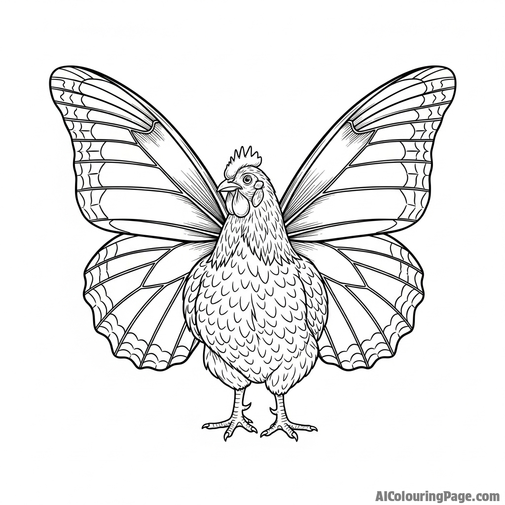 A surreal image of a chicken with butterfly wings.