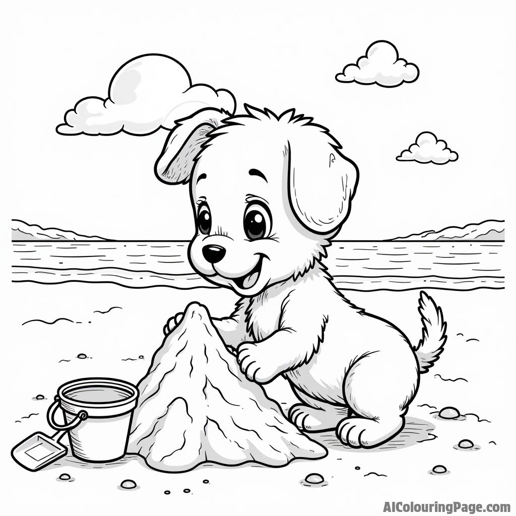 A puppy building a sandcastle at the beach, with a bucket, shovel, and flying seagulls in the bright sunny sky.