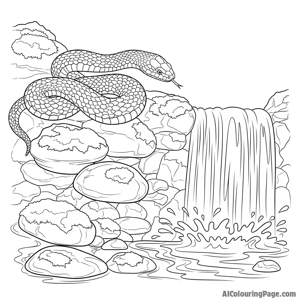 A snake slithering over wet, moss-covered stones next to a cascading waterfall.
