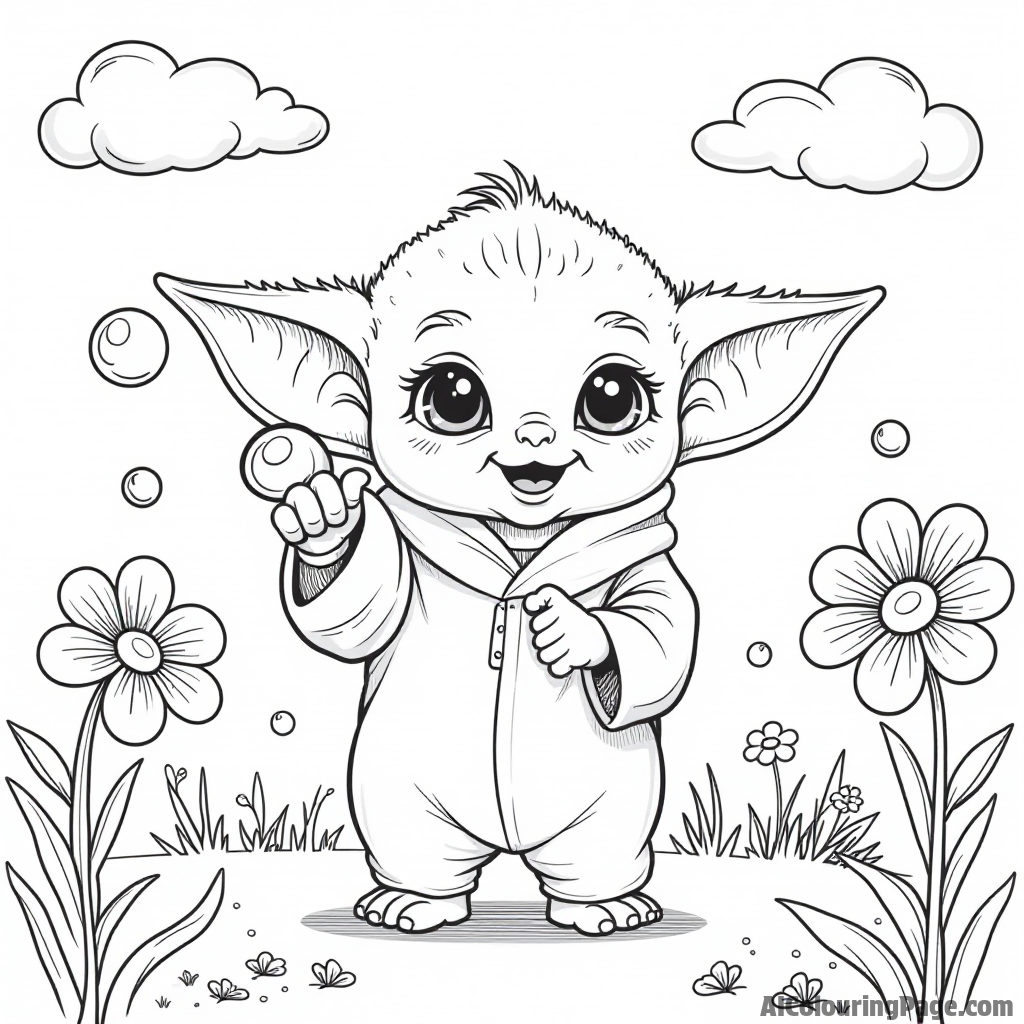 Baby Yoda playing with bubbles in a sunny backyard with flowers blooming