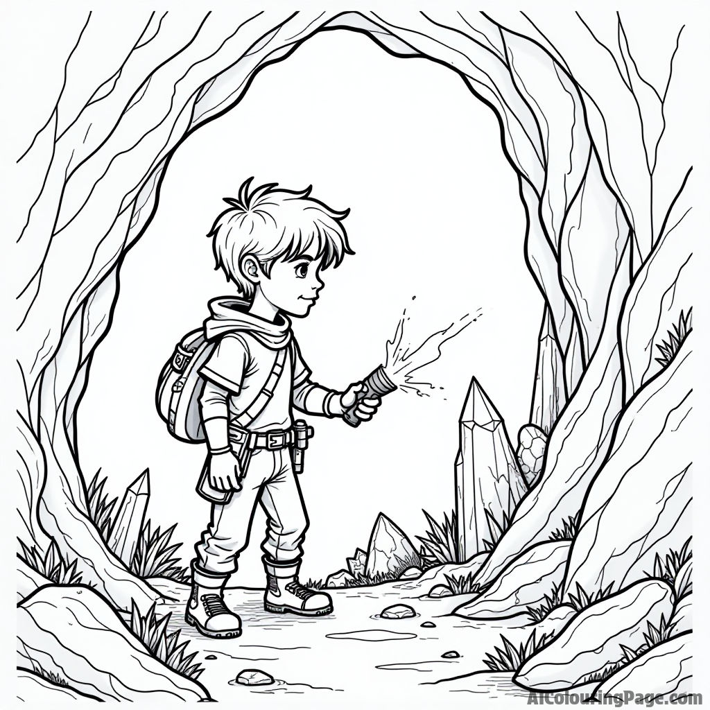 A brave young hero exploring a hidden cave filled with glowing crystals and ancient relics, with a flashlight in hand.