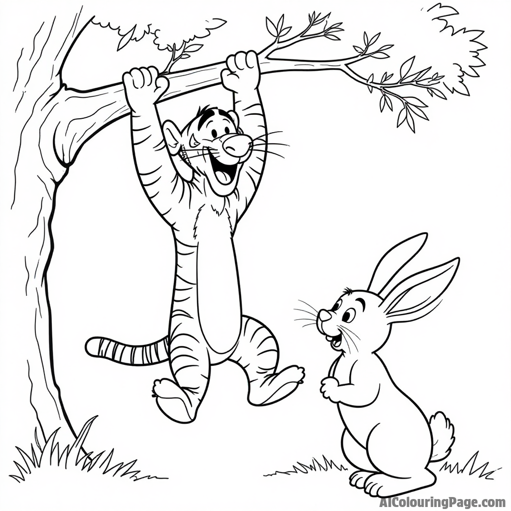 Tigger swinging from a tree branch, with a big smile, and Rabbit looking up, surprised by his antics.